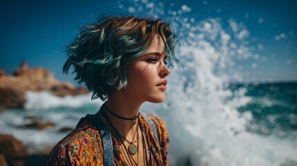 Young Woman with Short Wavy Hair Near Rocky Beach and Ocean Waves