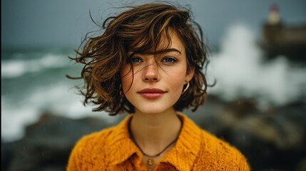 Young Woman with Short Wavy Hair on Rocky Beach Staring at Camera