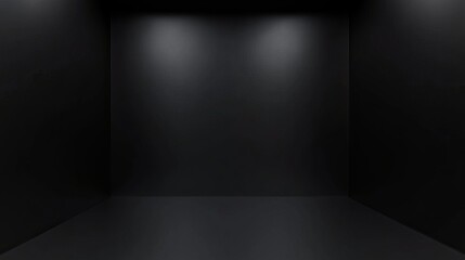 A dark room with two spotlights shining on the back wall and a dark floor reflecting the light