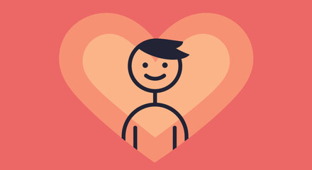 Cartoon figure centered within a peach heart against a coral background