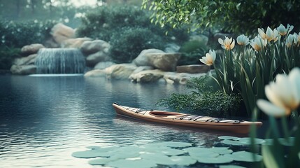 Obraz premium Peaceful scenery featuring a kayak on a calm lake surrounded by lush greenery and vibrant tulips