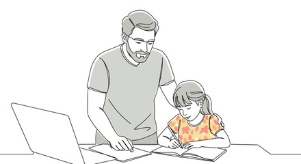 Father helps daughter with homework laptop visible