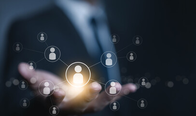 Employer of business and training in a company. leadership, executive. Concept of selecting employees using computer digital technology, hiring, and recruiting staff. human resource managers, HR
