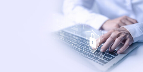 laptop shows the icon lock shield for cybersecurity. concept of secure privacy data, protect cybercrime attacks. security of information servers and network systems. password safe for business