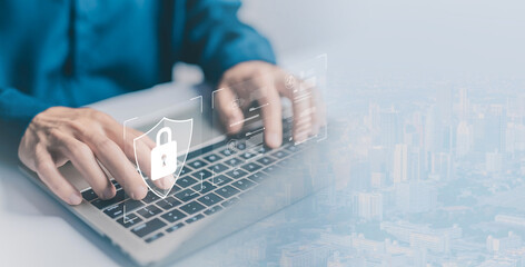 laptop shows the icon lock shield for cybersecurity. concept of secure privacy data, protect cybercrime attacks. security of information servers and network systems. password safe for business