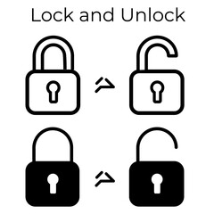 Unlock or open lock icons set designed in filled outline line and stroke style.