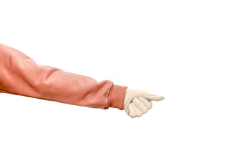 An arm with a surgical glove pointing to the right on a white background with copy space is ideal...