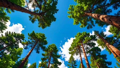 Looking up at pine trees in the sky, summer forest background