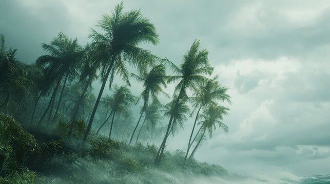 Photograph of palm trees blowing in the wind during a hurricane on a tropical island.