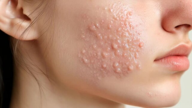 Close up acne skin inflammation on facial cheek pimple skin condition in young adult highlighting health issue dermatology skin care medical problem with natural lighting and soft focus texture
