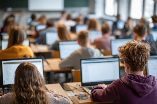 students in classroom with laptop each