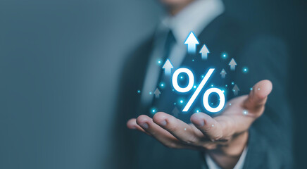 The percent sign and arrow increase. Concept of interest rate. The risk of estate debt increases,...