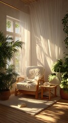 Cozy Bright Room with Sunlight Streaming Through Sheer Curtains