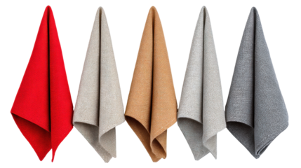 Colorful fabric towels isolated on transparent background with soft texture and hanging style