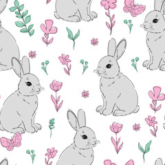 Seamless pattern of flowers and Bunnys background. Cute little rabbit and flowers background. Hand Drawn vector illustration textile design.