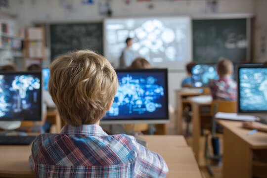 young student with monitor in the classrooms