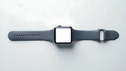 Blank white screen Smartwatch viewed from top-down with centered white screen glowing, strap extending horizontally
