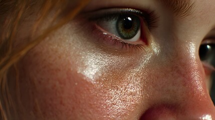 Close up of a person's face with green eyes and freckles skin