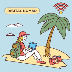 Fototapeta premium Illustration of a digital nomad working on a laptop under a palm tree on a tropical beach scene