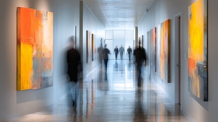 Blurred Figures Walking Through Modern Art Exhibition Hallway