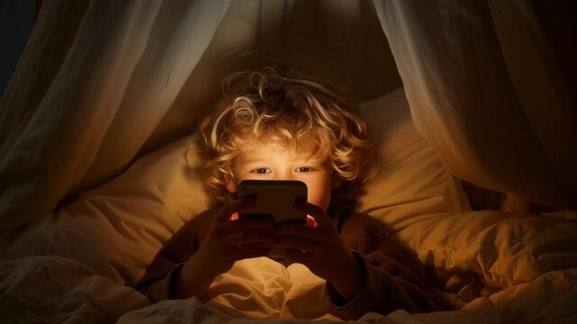 A young boy is sitting in bed with a tablet in his hand, looking at the screen. Concept of relaxation and leisure, as the boy is enjoying his time with the device