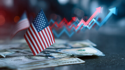 Inflation ,interest rates and global economy. American flag dollar bill upward arrows finance inflation interest rate economy growth