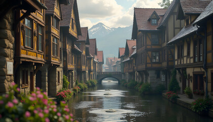 Fototapeta premium Picturesque Town Canal with Historic Buildings and Mountain Backdrop