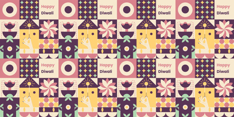 Happy Diwali celebration in colorful squares.