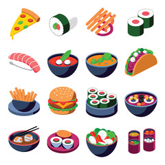 vector icons cooking food chef hat include a pizza slice, a sushi roll, spaghetti and meatballs, a curry bowl burger , fish 
