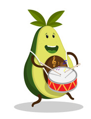 Cheerful avocado character street drummer of ceremonial orchestra cheerfully beats a drum on a carnival concert. Cartoon vector isolated on white background