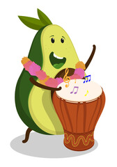 Cheerful musician avocado fruit plays a musical melody on African djembe drum musical instrument. Cartoon vector isolated on white background