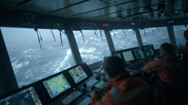 Two ship officers are navigating a vessel through rough seas, monitoring digital displays and charts in the bridge control room during a challenging maritime journey