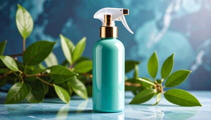 Mint Green Spray Bottle on Blue Marble with Green Leaves