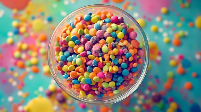 Colorful candies fill a clear bowl against a vibrant multicolored background