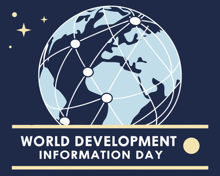 World Development Information Day graphic featuring a globe with connecting lines and stars on dark background