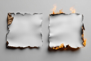 Two torn paper pieces with a white background and brown edges, one corner is burned, and a horizontal blank banner is on fire.