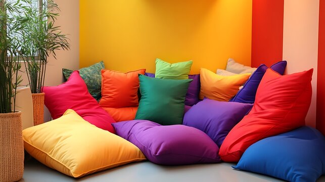 Colorful assortment of pillows and cushions creates a comfortable interior lounge zone