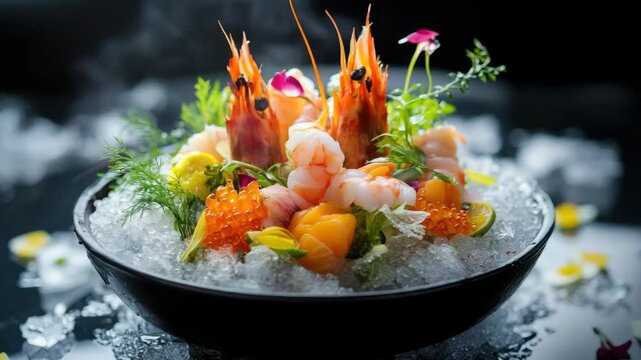 Seafood platter featuring shrimp, salmon, roe, fresh herb garnish on crushed ice with vibrant orange and pink hues creating elegant and appetizing presentation perfect for any occasion