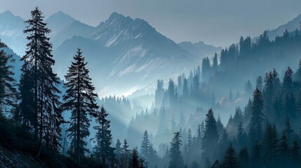 Misty Mountain Landscape with Tall Fir Trees Against Majestic Peaks