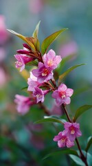 Vibrant weigela florida branch covered with soft pink blossoms, nestled among verdant foliage during spring flowering season