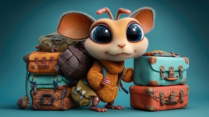Whimsical Mouse on Adventure: An adorable animated mouse, adorned with a backpack and cozy sweater, embarks on a travel adventure, surrounded by stacks of vintage suitcases, exuding charm and wonder.