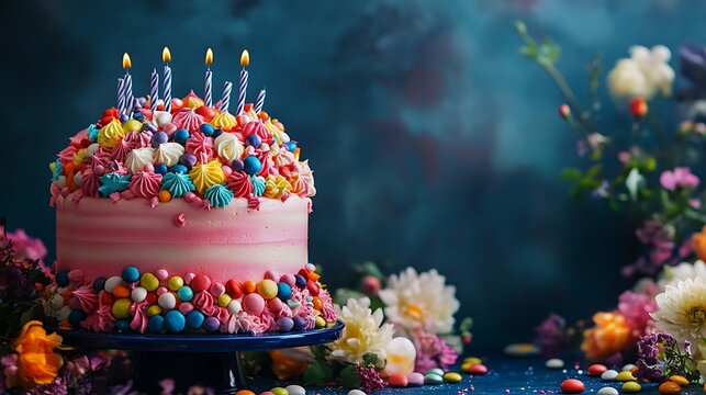 Sweet birthday celebration cake with lit candles and colorful candy decorations