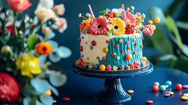Delicious celebratory cake adorned with vibrant flowers and colorful candies on a cake stand