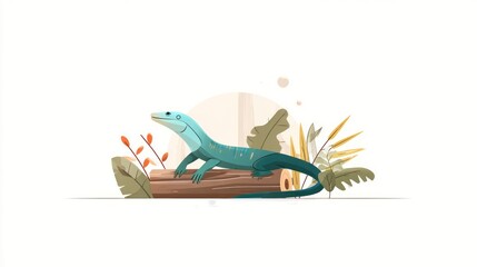 A stylized illustration of a lizard on a log surrounded by foliage