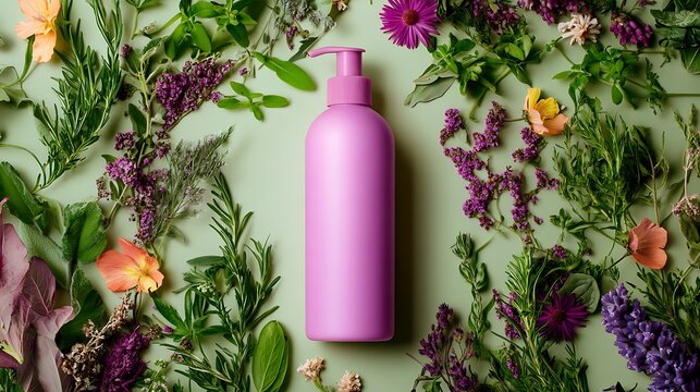 Pink bottle surrounded by natural herbs and flowers on light green backdrop