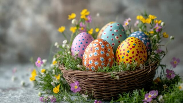 Colorful Easter egg basket with floral pattern and polka dot designs surrounded by green grass and spring flower decoration creating festive holiday atmosphere full of joy and celebration