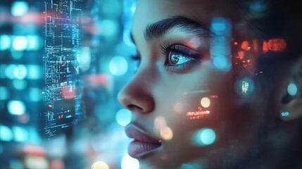 A woman's profile with digital overlay and blurred lights creating a futuristic tech aesthetic look