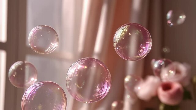 Ethereal pink bubbles drift gracefully in an airy space each orb capturing and refracting light creating a tranquil ambiance perfect for highlighting the elegance of cosmetic products