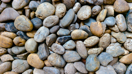 Smooth River Stone Texture: A detailed close-up of smooth river stone showcases a rich tapestry of colors, shapes, and textures formed by the relentless flow of time and water.