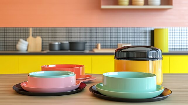 Stylish kitchenware featuring colorful bowls and a container against a vibrant kitchen background